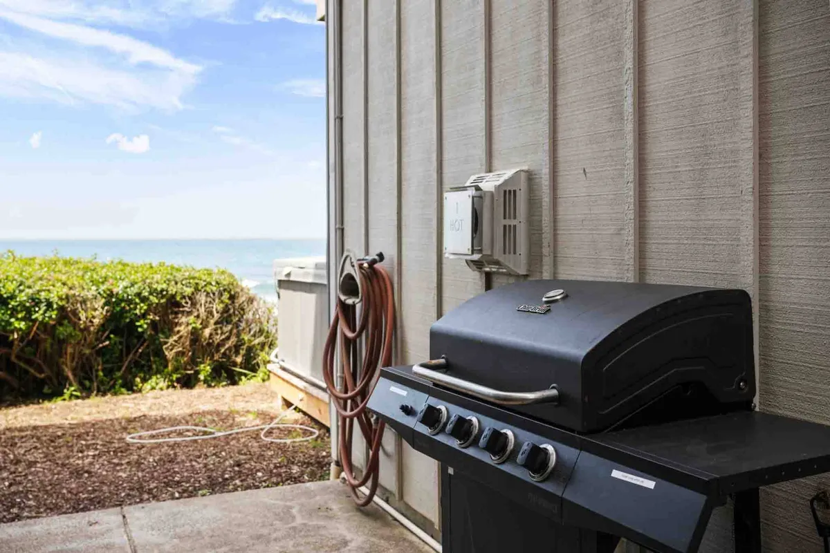 An inviting exterior deck area featuring a grill, cozy seating, lush greenery, and sweeping ocean views. The outdoor setup feels relaxed and is ideal for lounging, dining, or spending time with family and pets while enjoying the fresh sea breeze.