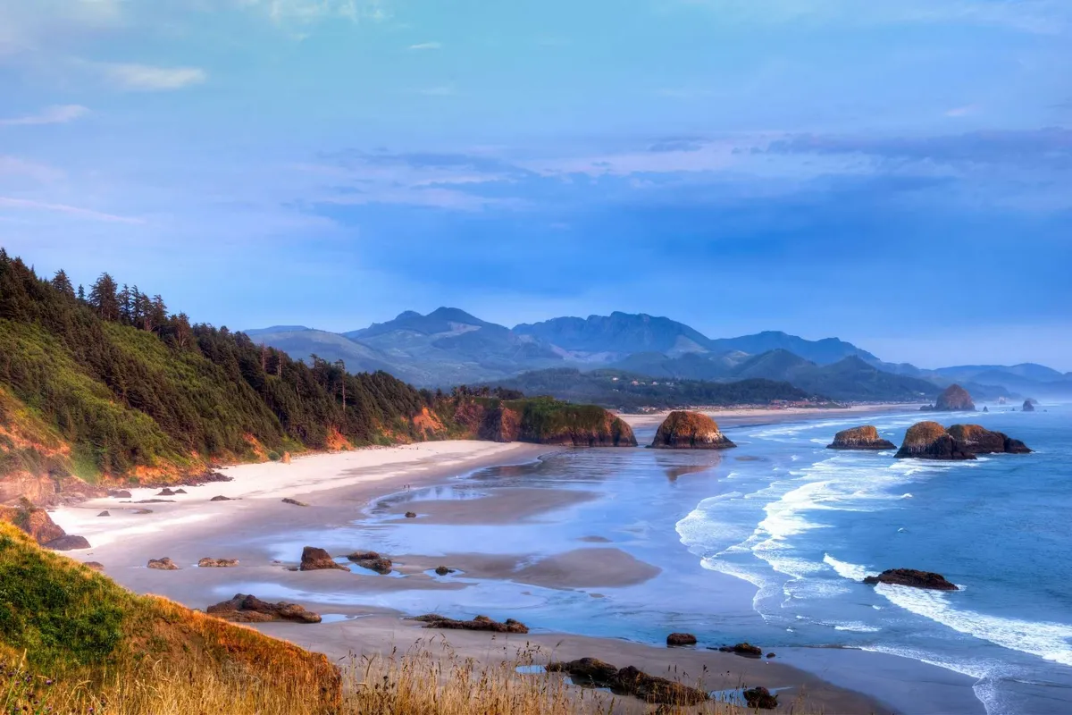 A sweeping beach view with distant mountains, sandy shoreline, ocean waves, and striking rock formations. The scene conveys the natural beauty and diverse opportunities for exploration, such as beachcombing, tide-pooling, and enjoying scenic vistas.